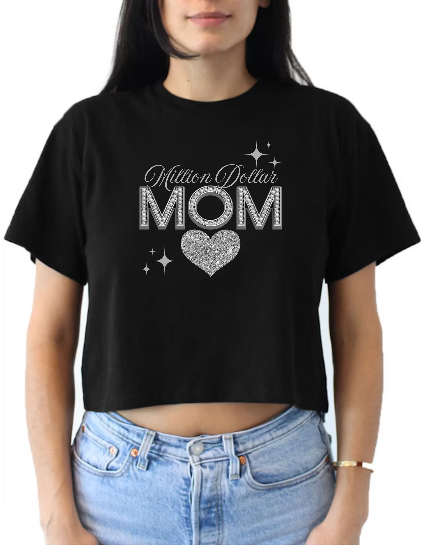 Million Dollar Mom Crop Top or V-neck Black Shirt - Image of a glitter heart matching in color with the text Million Dollar - Diamond MOM - 10 variations