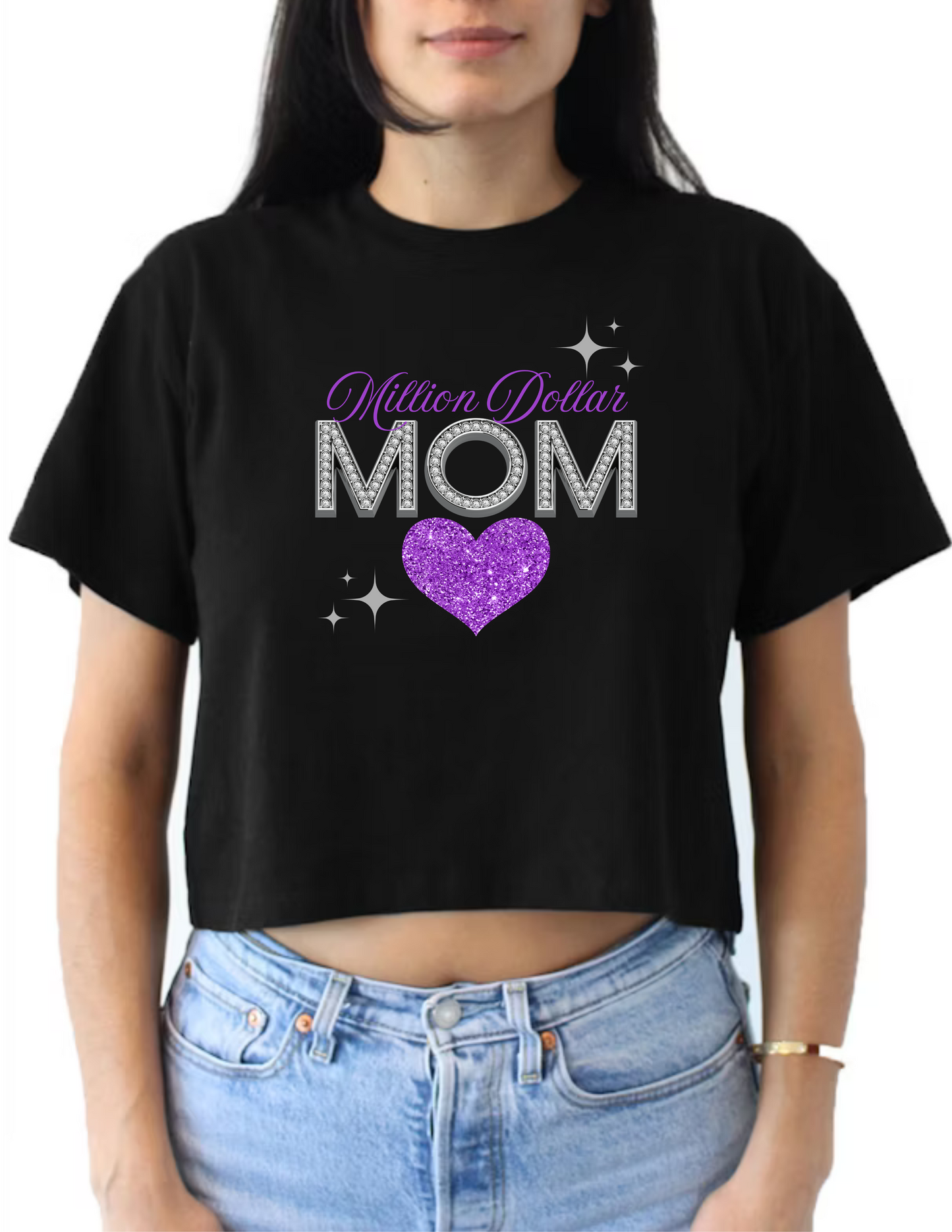 Million Dollar Mom Crop Top or V-neck Black Shirt - Image of a glitter heart matching in color with the text Million Dollar - Diamond MOM - 10 variations