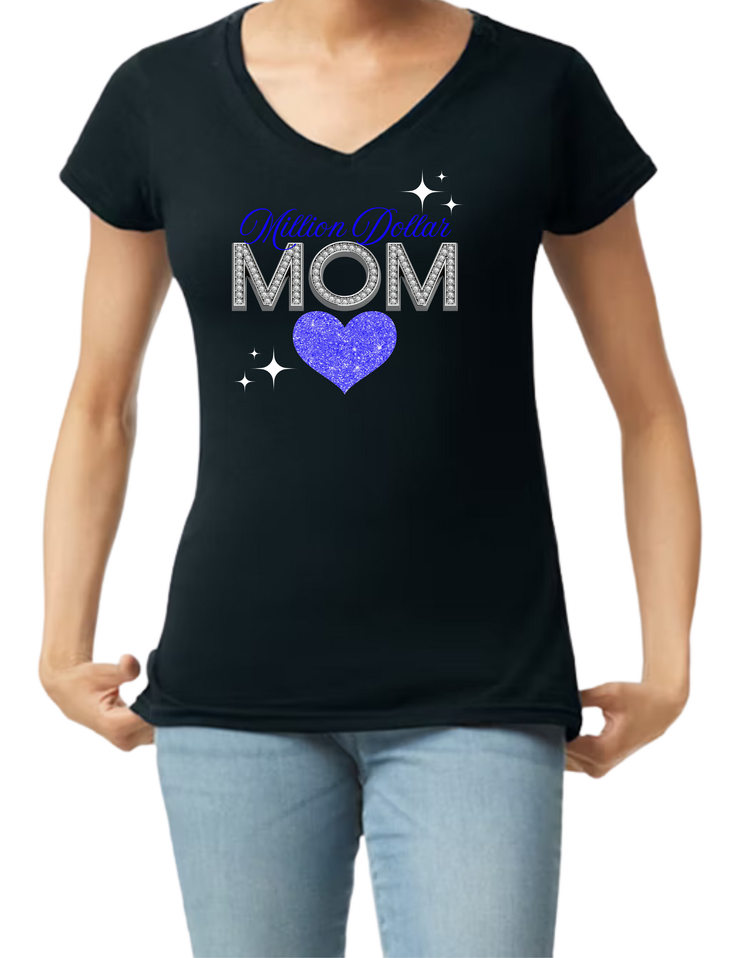 Million Dollar Mom Crop Top or V-neck Black Shirt - Image of a glitter heart matching in color with the text Million Dollar - Diamond MOM - 10 variations
