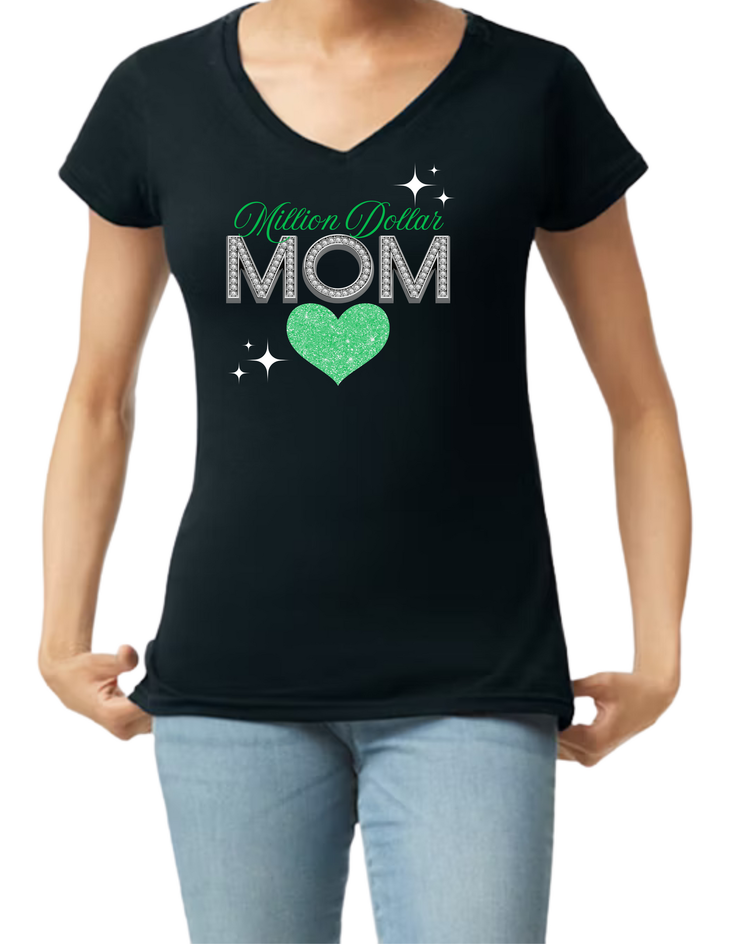 Million Dollar Mom Crop Top or V-neck Black Shirt - Image of a glitter heart matching in color with the text Million Dollar - Diamond MOM - 10 variations