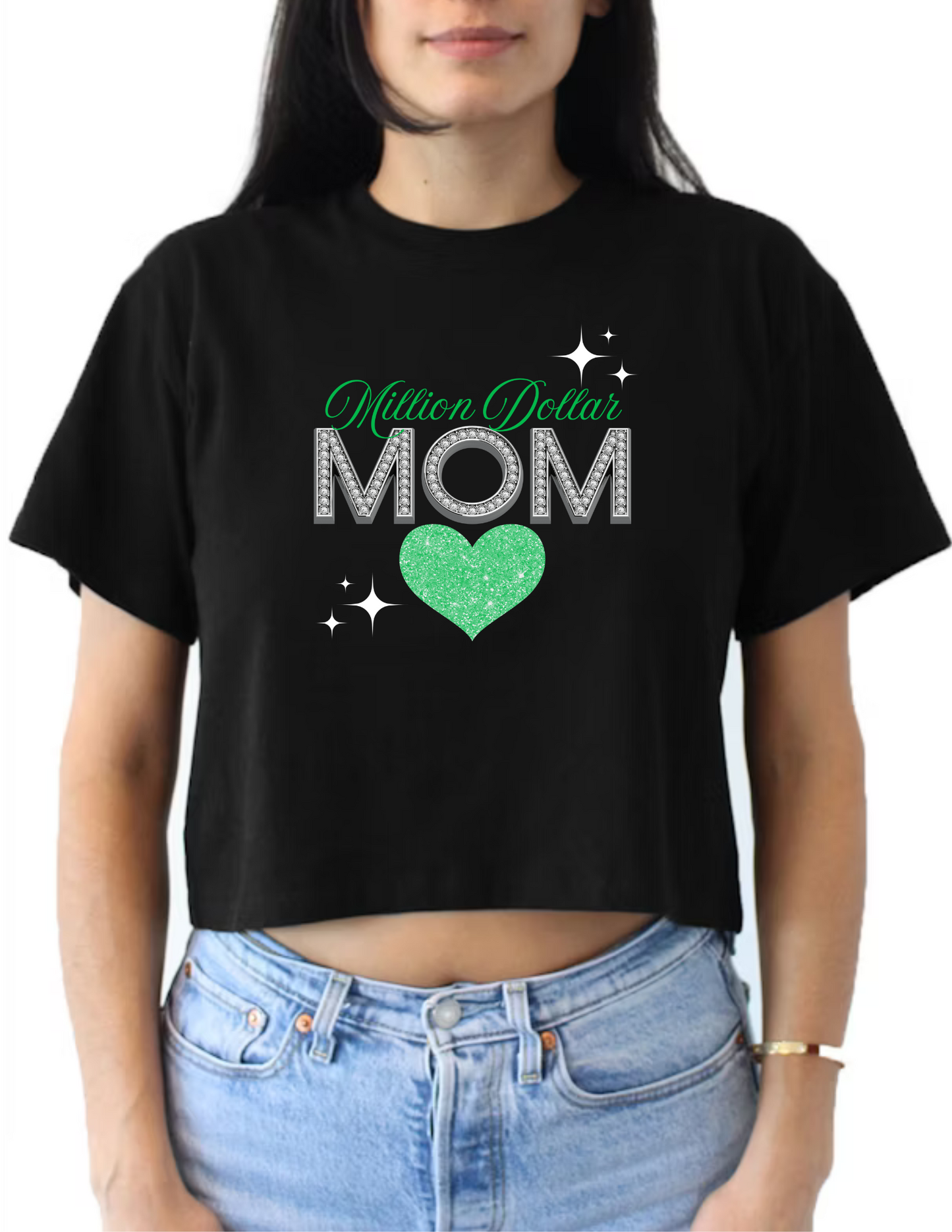 Million Dollar Mom Crop Top or V-neck Black Shirt - Image of a glitter heart matching in color with the text Million Dollar - Diamond MOM - 10 variations