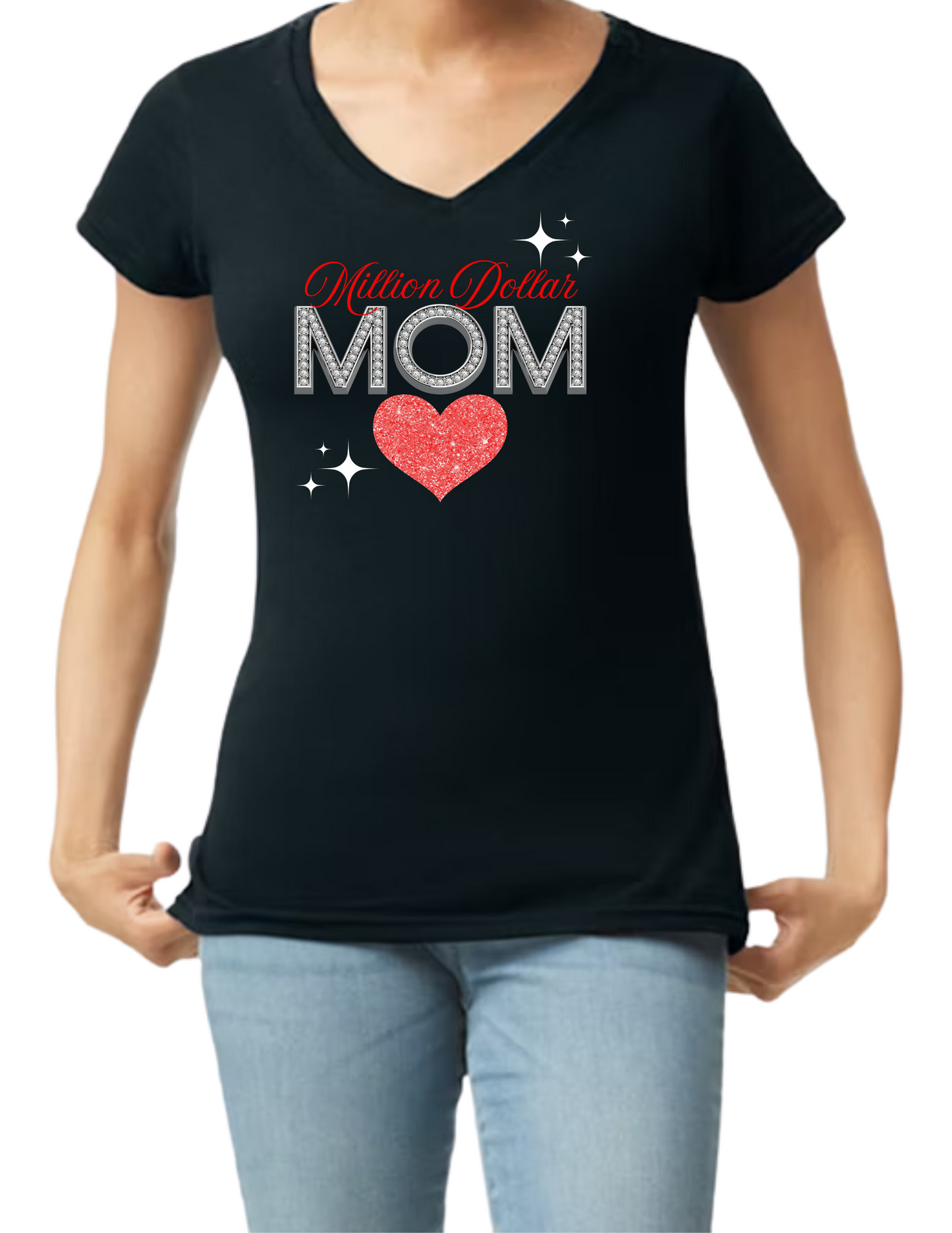 Million Dollar Mom Crop Top or V-neck Black Shirt - Image of a glitter heart matching in color with the text Million Dollar - Diamond MOM - 10 variations