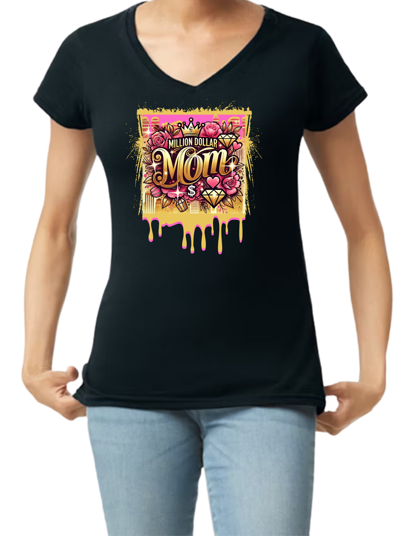 Million Dollar Mom Crop Top or V-neck Black Shirt - Mother's Day Inspired - Image include pic of a crown and diamonds with drip paint - 10 variations (5 Crop Tops or 5 V-necks)