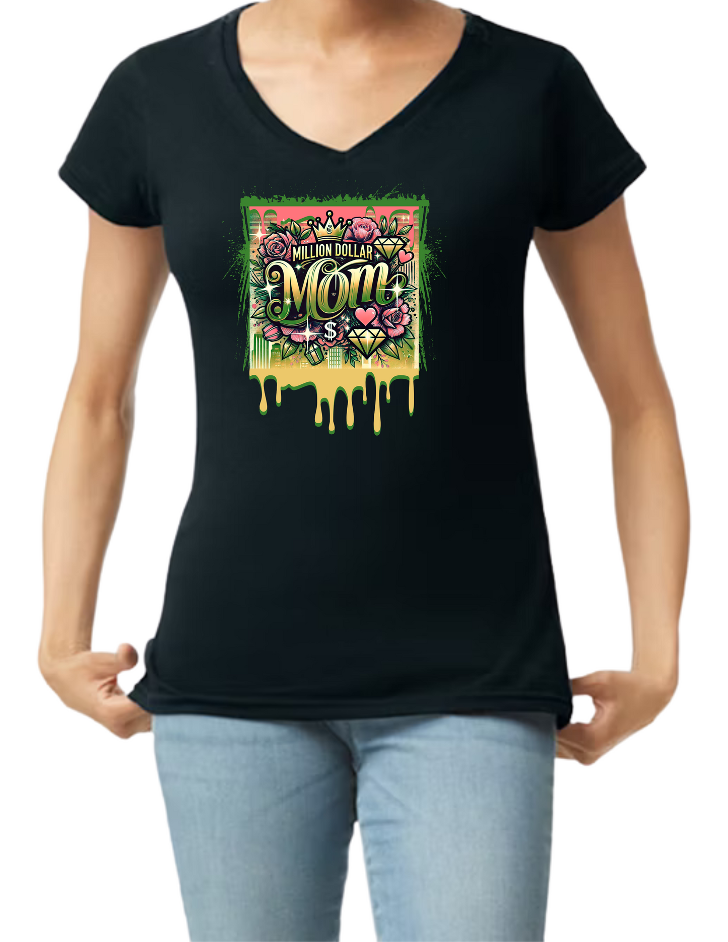 Million Dollar Mom Crop Top or V-neck Black Shirt - Mother's Day Inspired - Image include pic of a crown and diamonds with drip paint - 10 variations (5 Crop Tops or 5 V-necks)