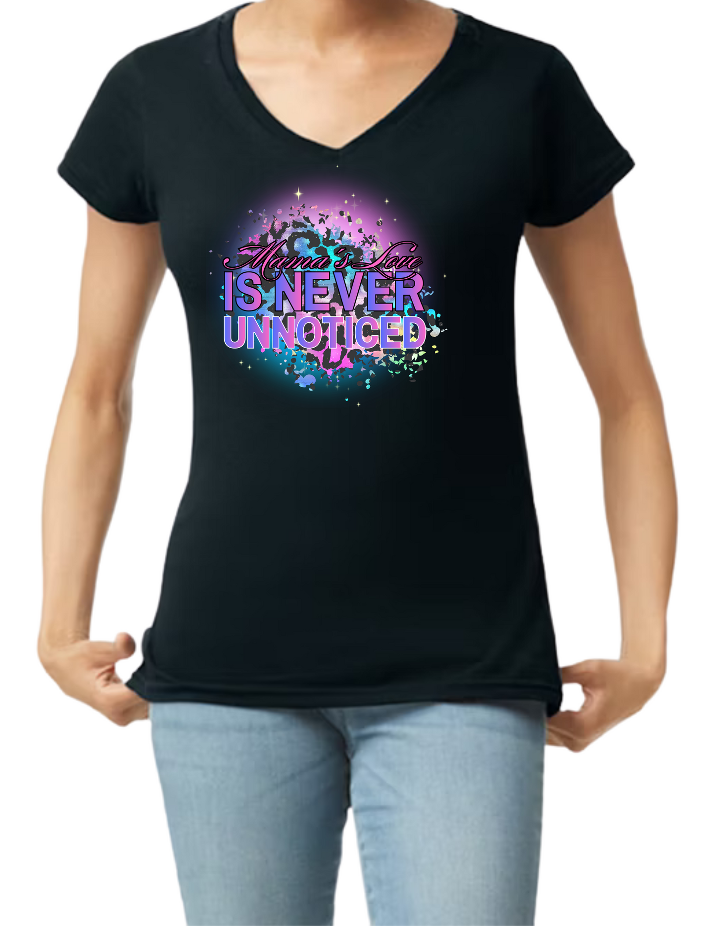 V-neck Women Shirts - 10 Variations (5 Crop Tops and 5 V Necks - Black or White) - Mother's Day Inspired Apparel - Text Mother's Love Is Never Unnoticed