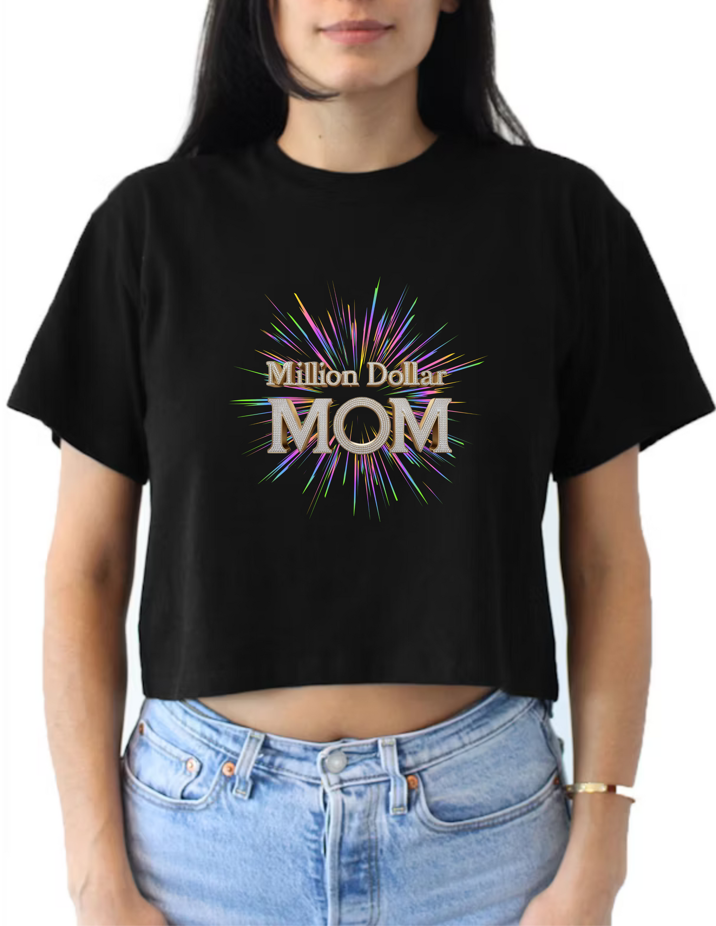 Million Dollar Mom V-neck and Crop Top Women Shirts- 6 Variations (3 Crop Tops and 3 V-necks - Black) - Mother's Day Inspired Apparel - Text Million Dollar Mom