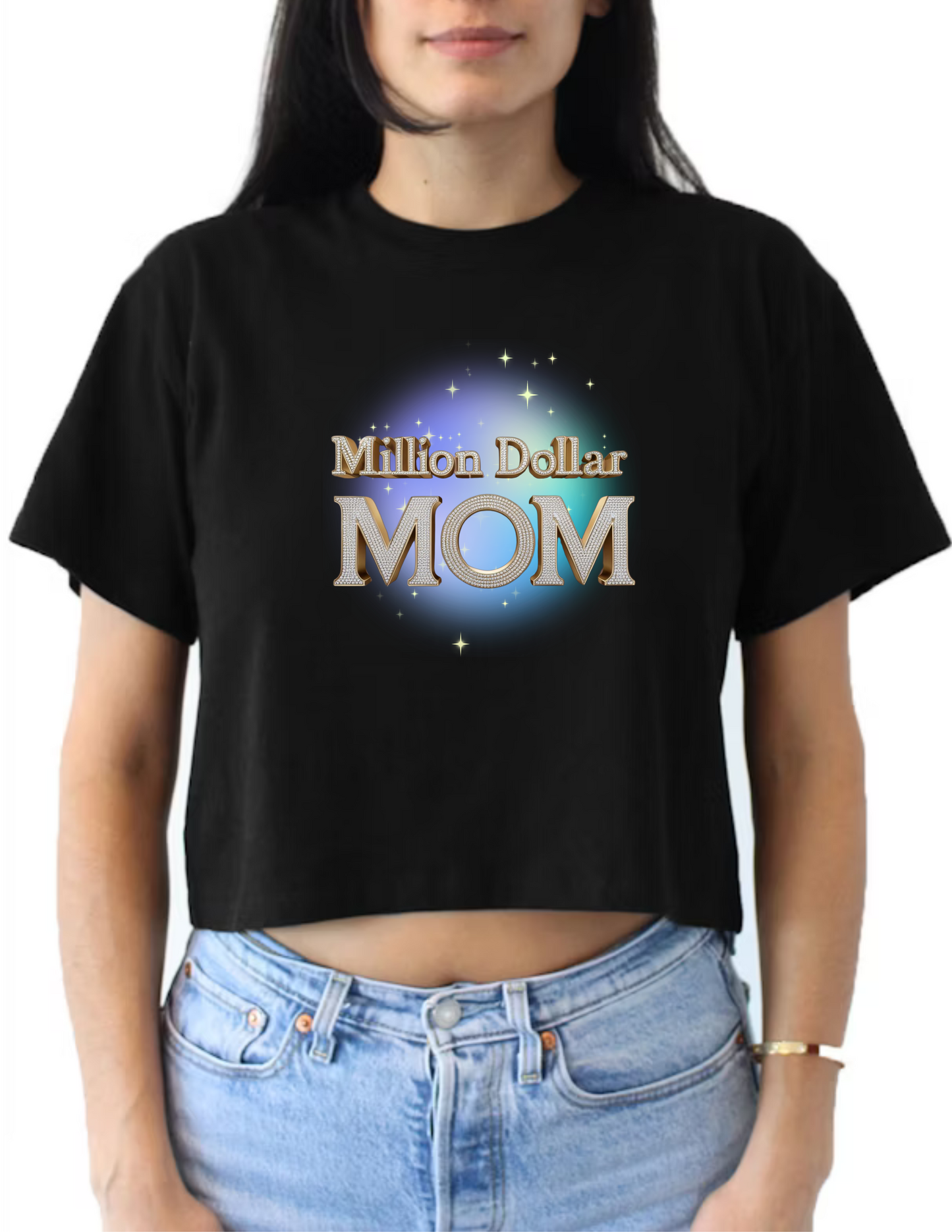Million Dollar Mom V-neck and Crop Top Women Shirts- 6 Variations (3 Crop Tops and 3 V-necks - Black) - Mother's Day Inspired Apparel - Text Million Dollar Mom