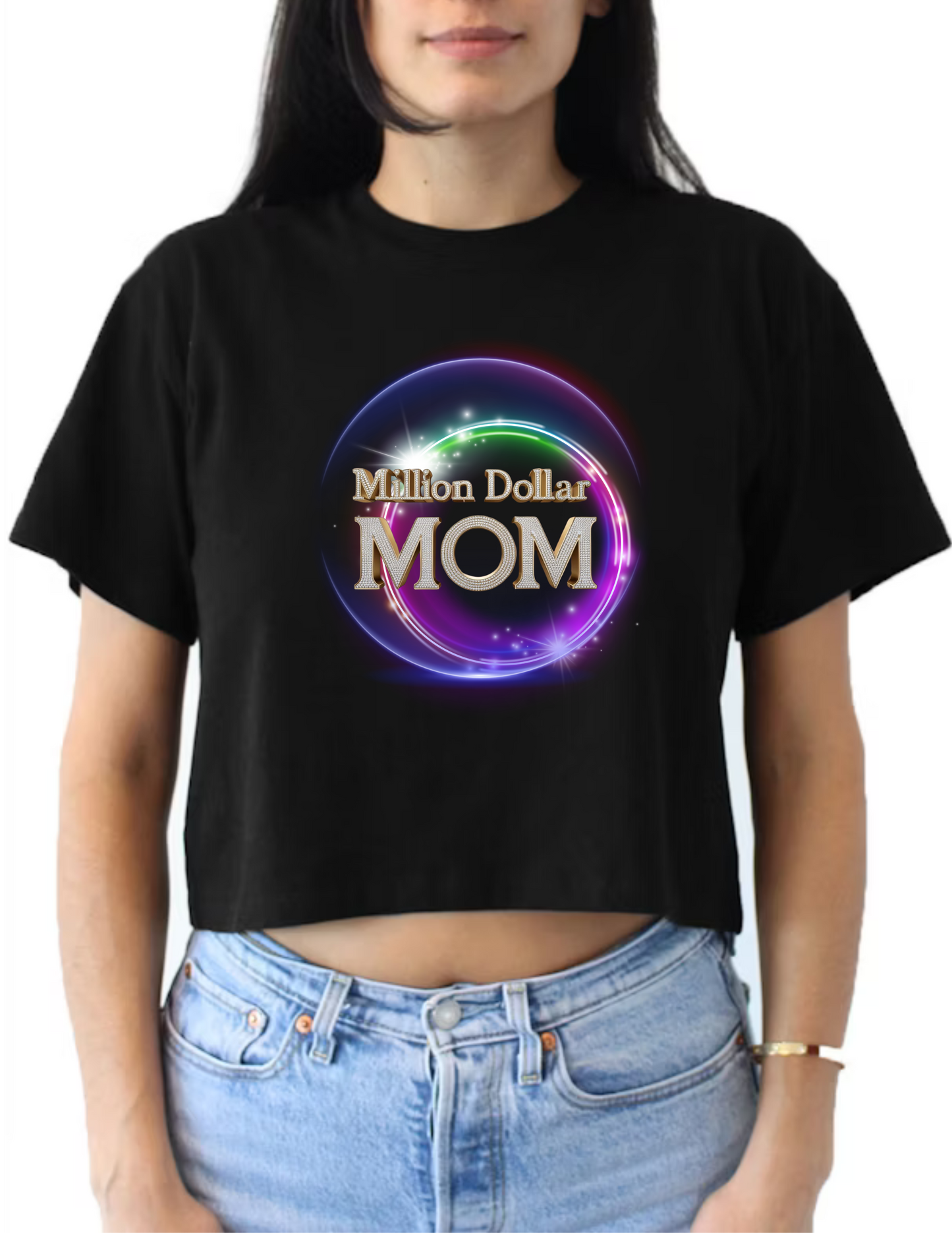 Million Dollar Mom V-neck and Crop Top Women Shirts- 6 Variations (3 Crop Tops and 3 V-necks - Black) - Mother's Day Inspired Apparel - Text Million Dollar Mom