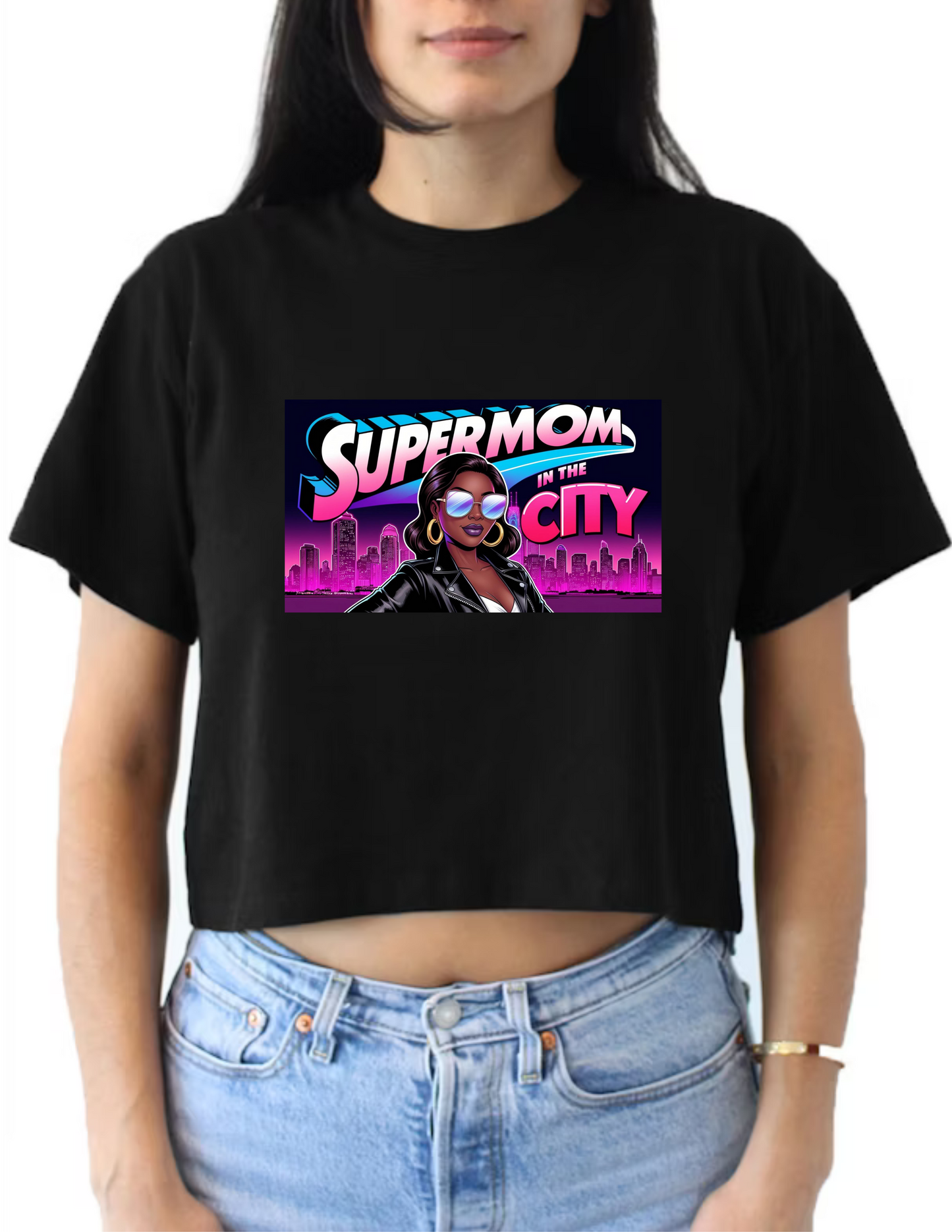 Supermom V-neck and Crop Top Women Shirts- 6 Variations (3 Crop Tops and 3 V-necks - Black) - Mother's Day Inspired Apparel - Text Supermom In the City