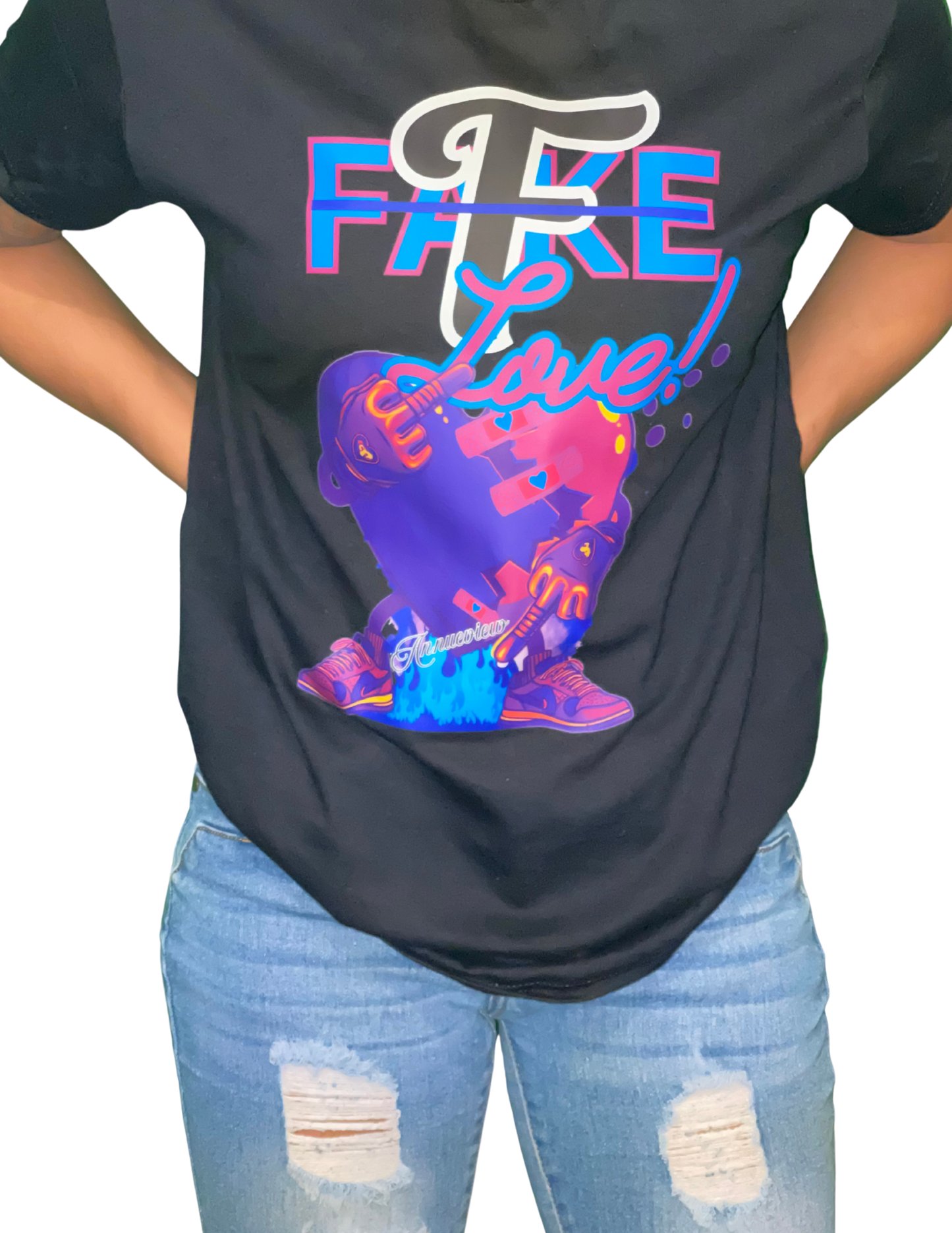 Short Sleeve Shirt with a Heart Holding up the Middle Finger up - The text "F Fake, Love" - Unisex Shirt