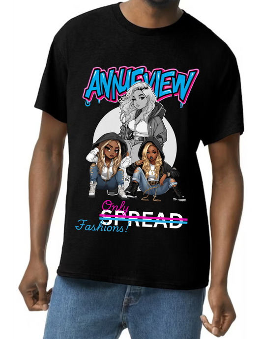 Black Short Sleeve Shirt with the text Annueview at the top and on the bottom "We Only Spread Fashion!" - One the Back World Tour with a couple of models