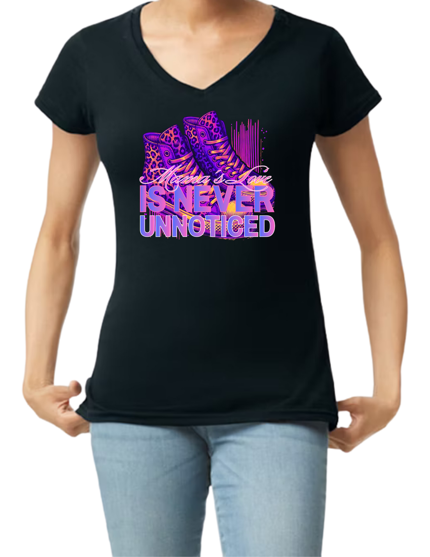 V-neck Women Shirts - 10 Variations (5 Crop Tops and 5 V Necks - Black or White) - Mother's Day Inspired Apparel - Text Mother's Love Is Never Unnoticed