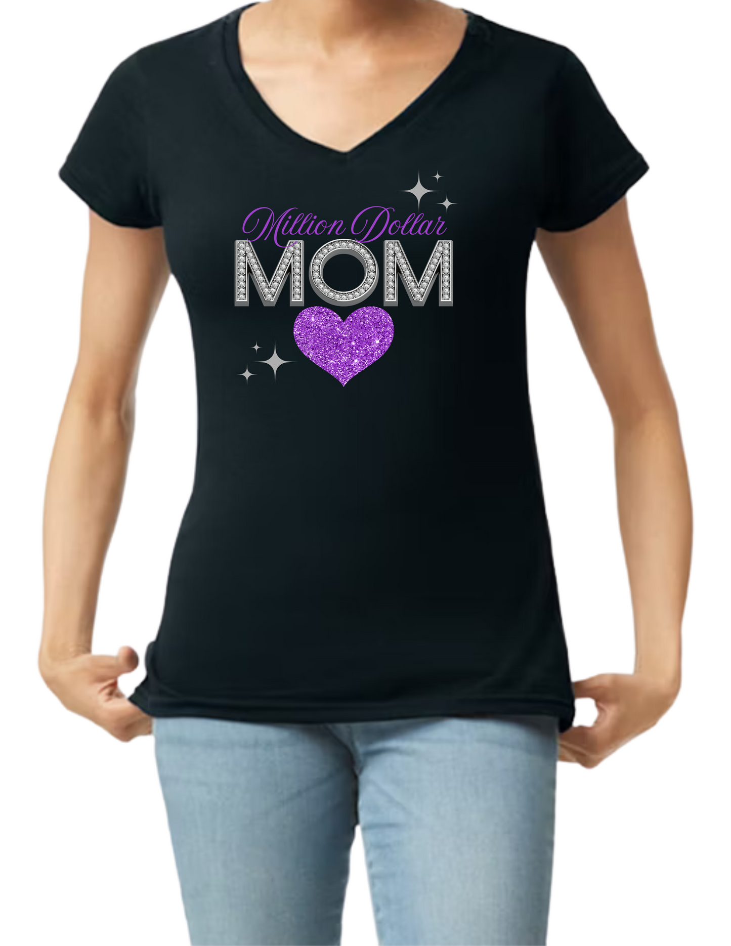 Million Dollar Mom Crop Top or V-neck Black Shirt - Image of a glitter heart matching in color with the text Million Dollar - Diamond MOM - 10 variations