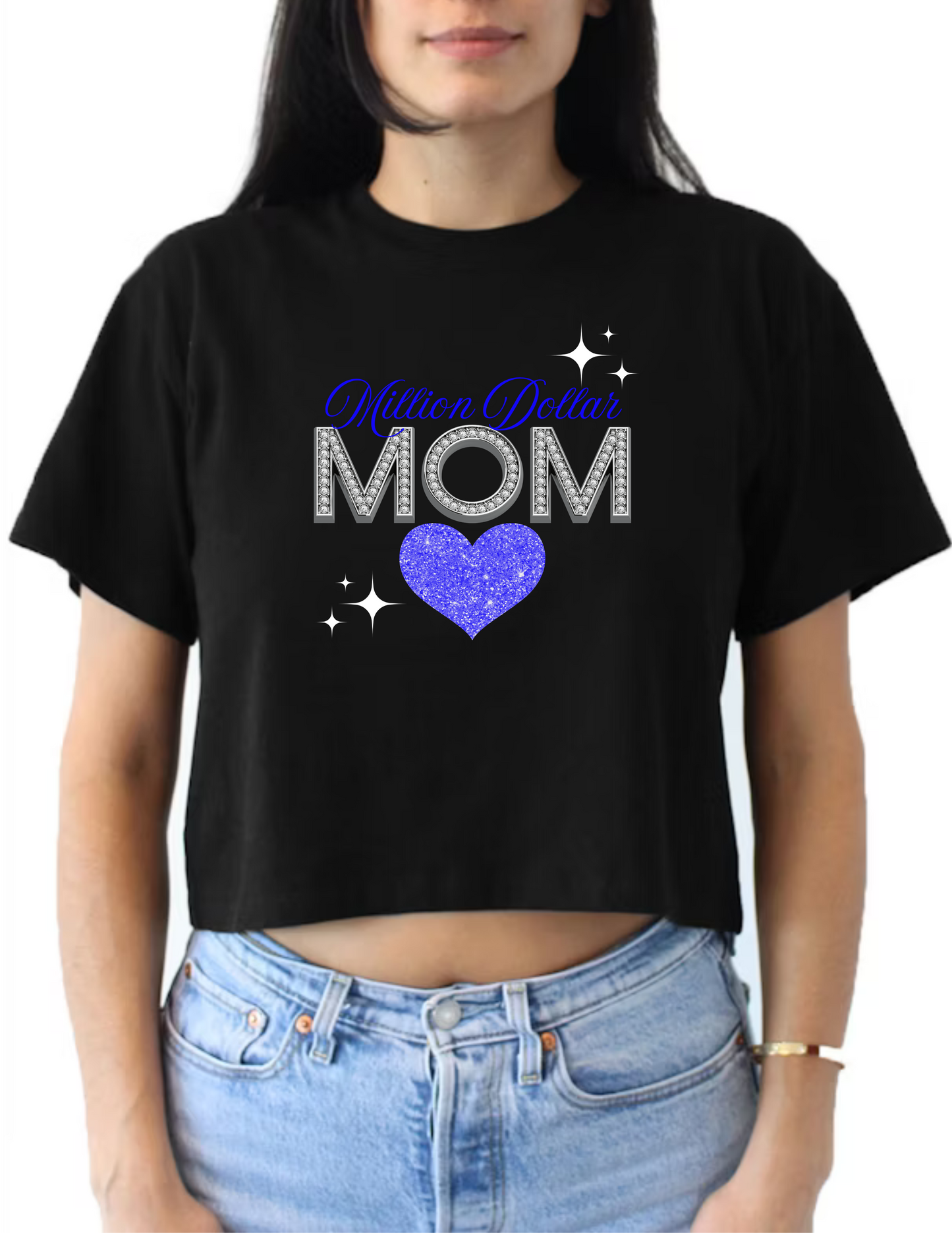 Million Dollar Mom Crop Top or V-neck Black Shirt - Image of a glitter heart matching in color with the text Million Dollar - Diamond MOM - 10 variations