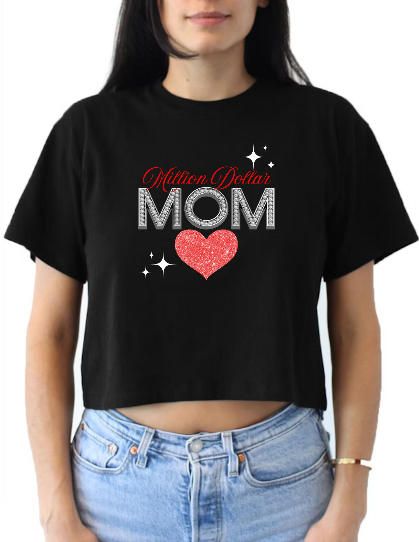 Million Dollar Mom Crop Top or V-neck Black Shirt - Image of a glitter heart matching in color with the text Million Dollar - Diamond MOM - 10 variations