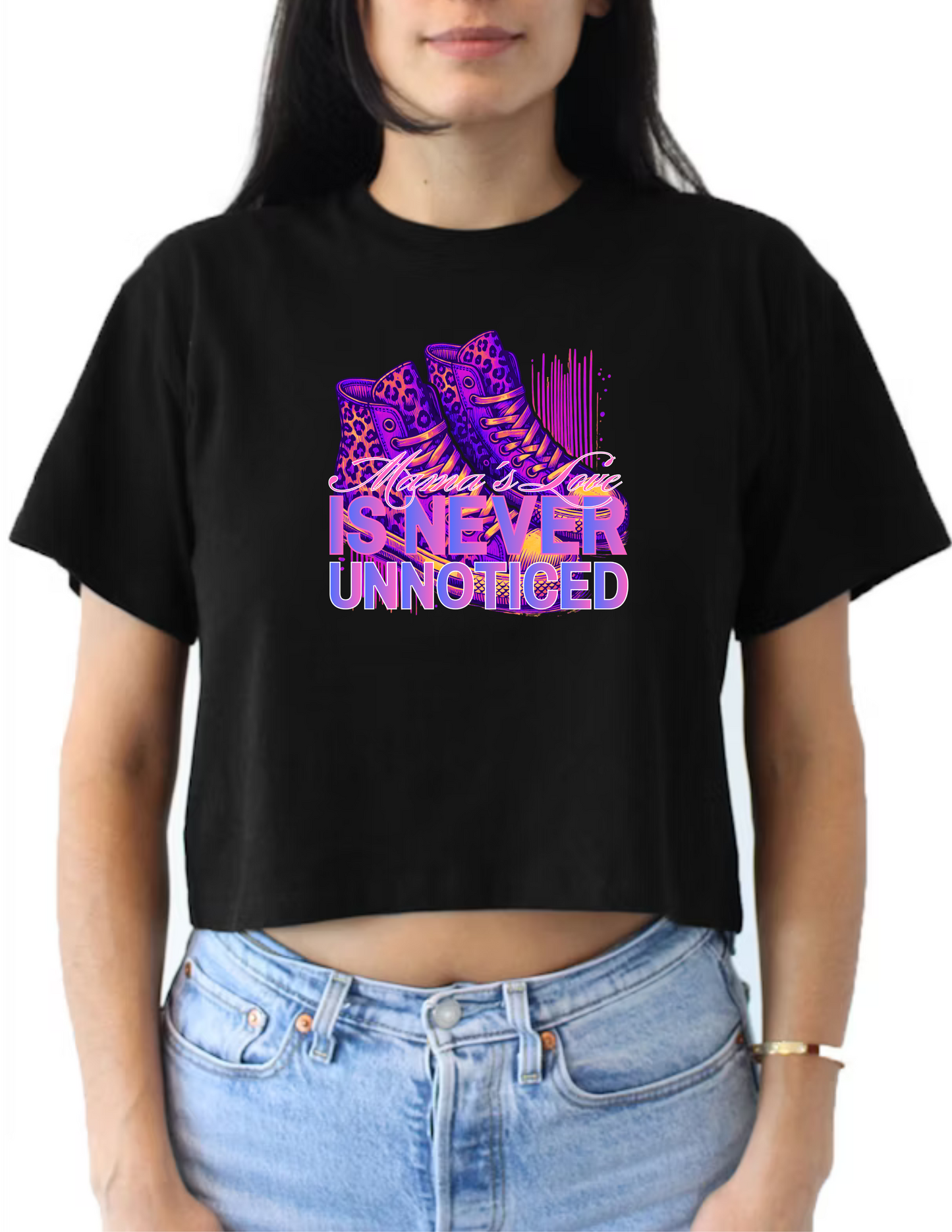 V-neck Women Shirts - 10 Variations (5 Crop Tops and 5 V Necks - Black or White) - Mother's Day Inspired Apparel - Text Mother's Love Is Never Unnoticed