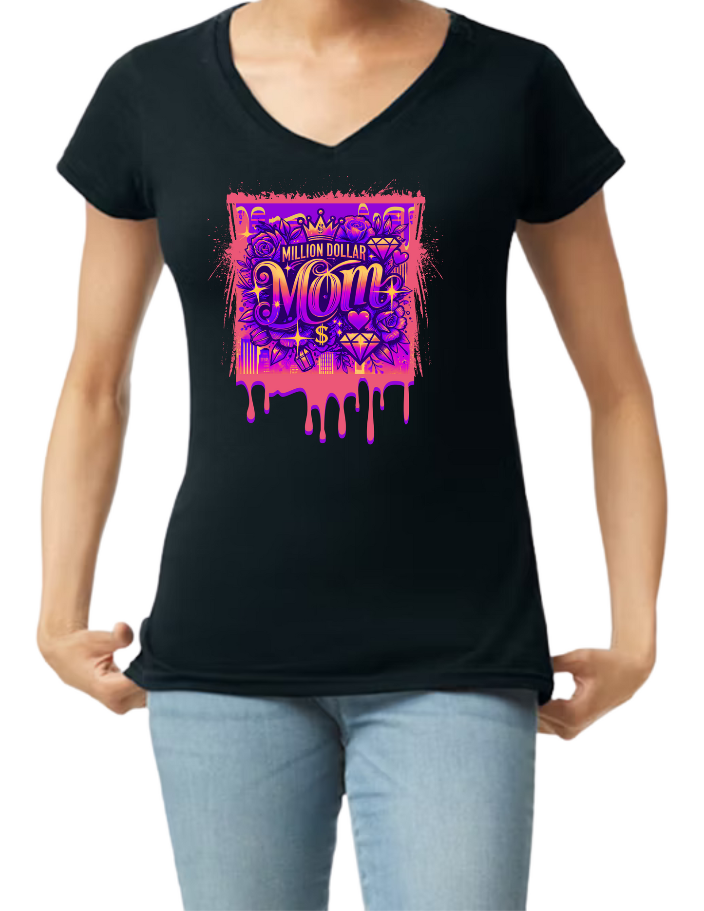 Million Dollar Mom Crop Top or V-neck Black Shirt - Mother's Day Inspired - Image include pic of a crown and diamonds with drip paint - 10 variations (5 Crop Tops or 5 V-necks)