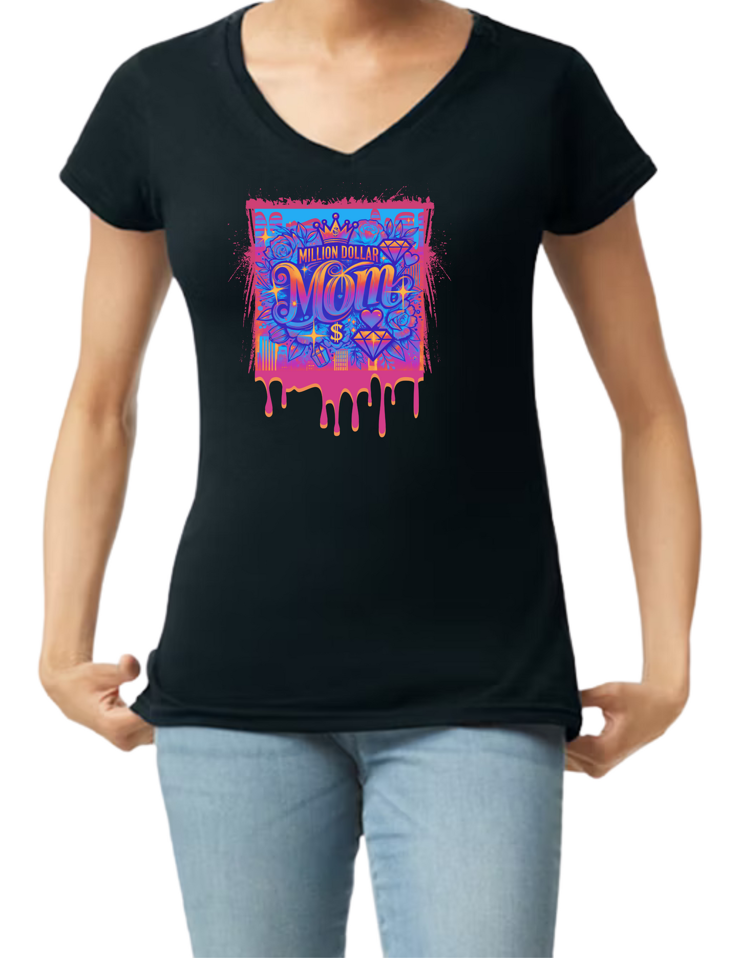 Million Dollar Mom Crop Top or V-neck Black Shirt - Mother's Day Inspired - Image include pic of a crown and diamonds with drip paint - 10 variations (5 Crop Tops or 5 V-necks)
