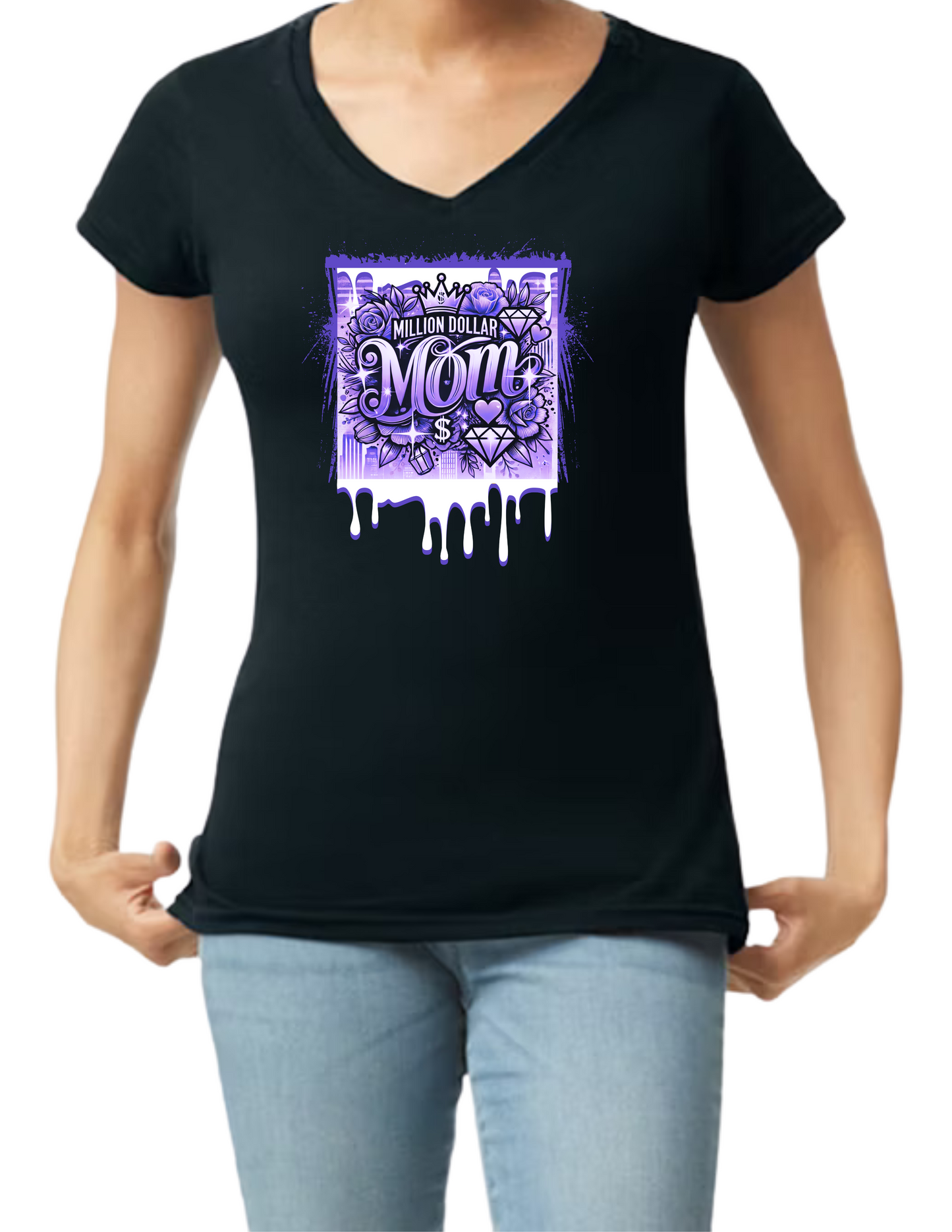 Million Dollar Mom Crop Top or V-neck Black Shirt - Mother's Day Inspired - Image include pic of a crown and diamonds with drip paint - 10 variations (5 Crop Tops or 5 V-necks)