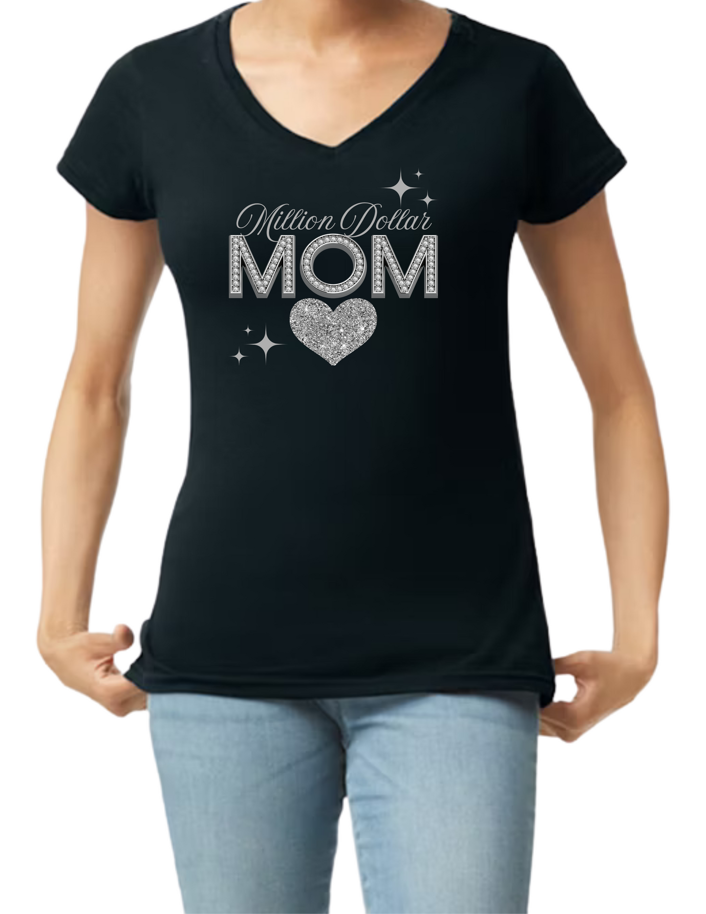 Million Dollar Mom Crop Top or V-neck Black Shirt - Image of a glitter heart matching in color with the text Million Dollar - Diamond MOM - 10 variations