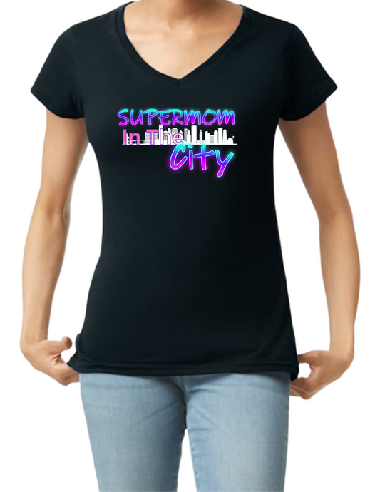 Supermom V-neck and Crop Top Women Shirts-  6 Variations (3 Crop Tops and 3 V-necks - Black) - Mother's Day Inspired Apparel - Text Supermom In the City