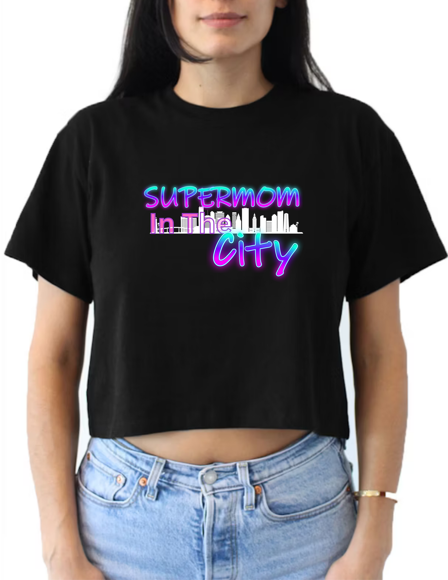 Supermom V-neck and Crop Top Women Shirts-  6 Variations (3 Crop Tops and 3 V-necks - Black) - Mother's Day Inspired Apparel - Text Supermom In the City