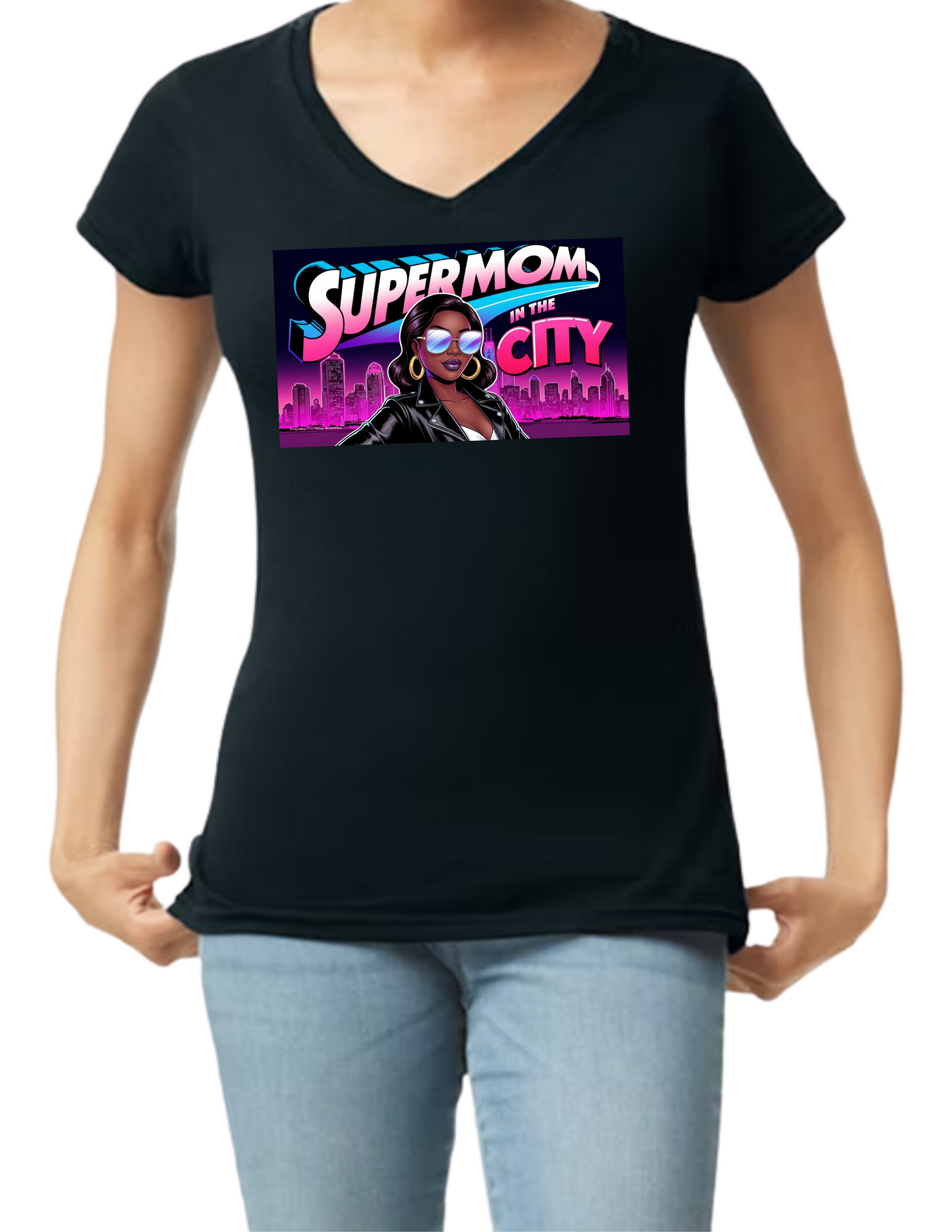 Supermom V-neck and Crop Top Women Shirts-  6 Variations (3 Crop Tops and 3 V-necks - Black) - Mother's Day Inspired Apparel - Text Supermom In the City