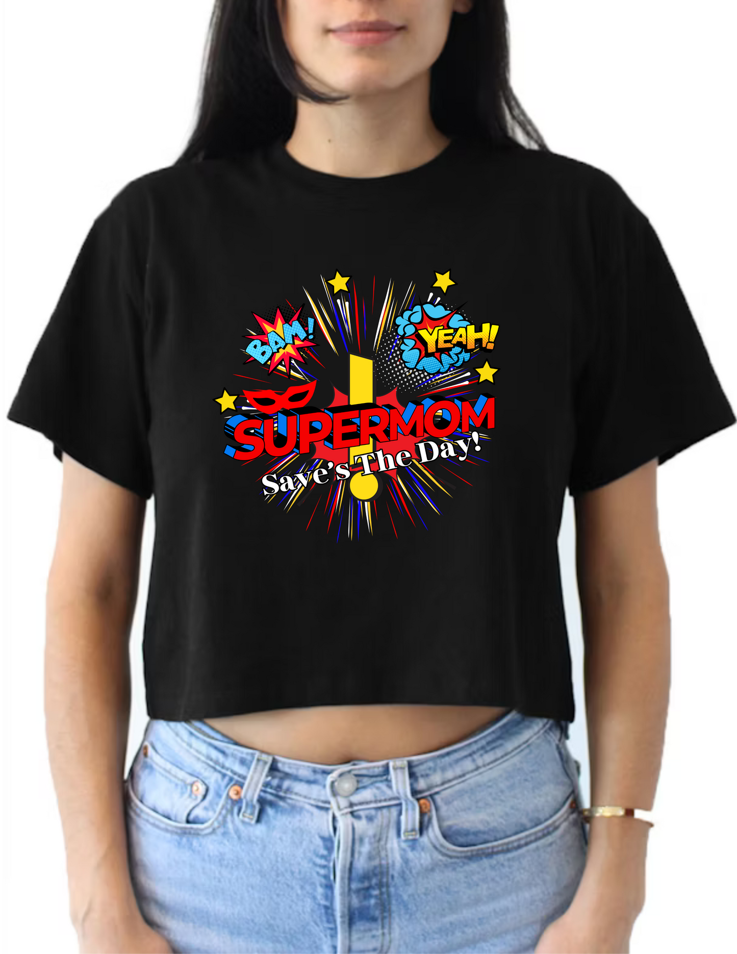 Supermom V-neck and Crop Top Women Shirts-  6 Variations (3 Crop Tops and 3 V-necks - Black) - Mother's Day Inspired Apparel - Text Supermom In the City