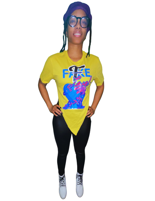 Short Sleeve Shirt with a Heart Holding up the Middle Finger up - The text "F Fake, Love" - Unisex Shirt